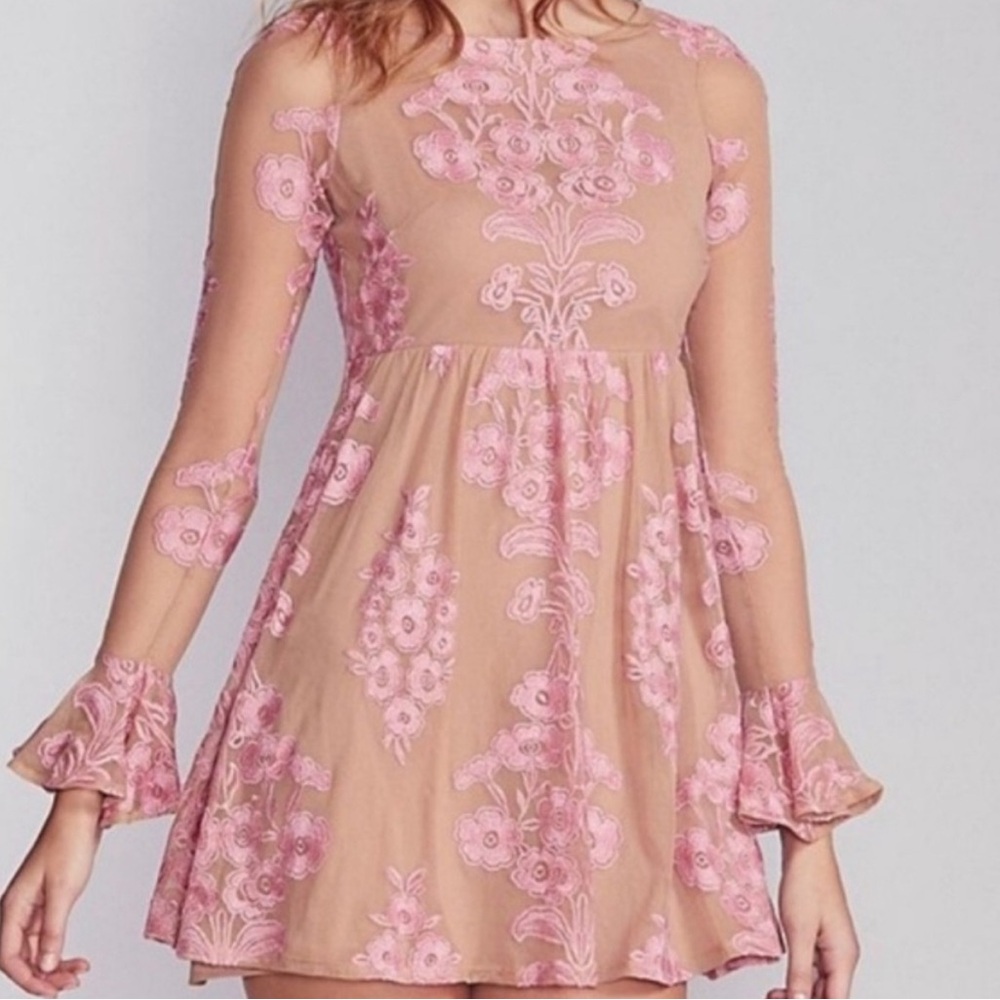 For Love & Lemons pink & nude floral lace mini dress
